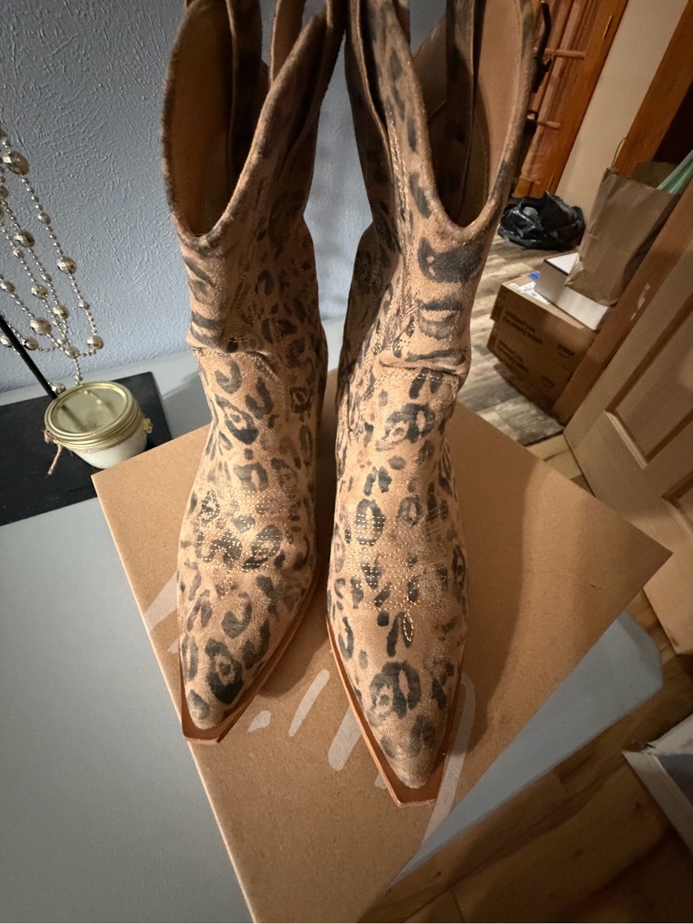 Buckle Leopard Print Pointed Toe Ankle Boots - Tan & Black